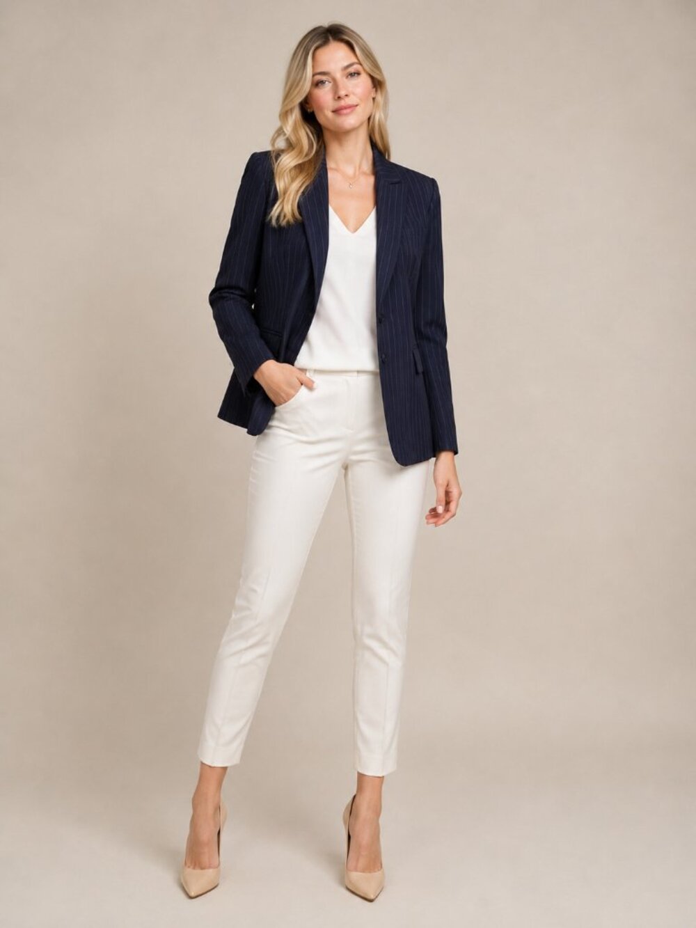 TAHARI Arthur S. Levine Pinstripe Blazer Suit Flap Pocket Navy 4 #A4342